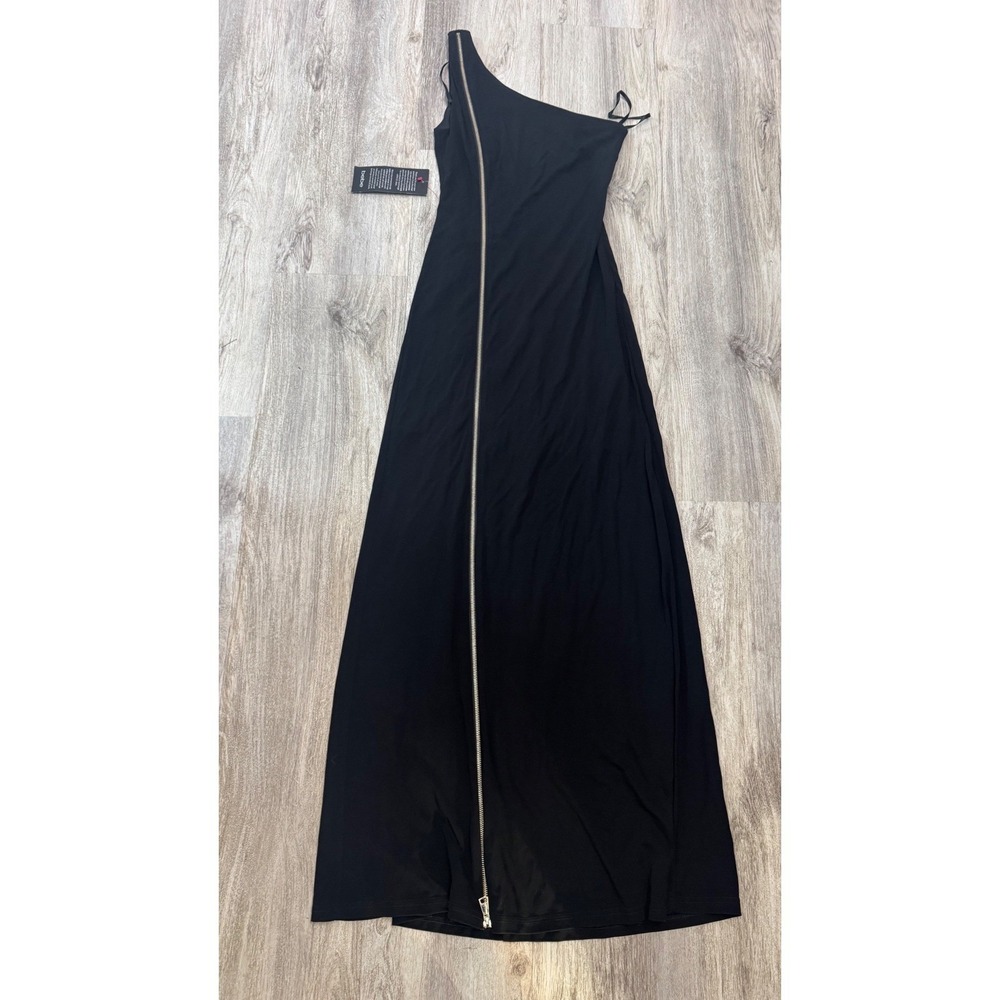 bebe Black One-Shoulder Maxi Dress with Front Zip. Elegant sophisticated chic.